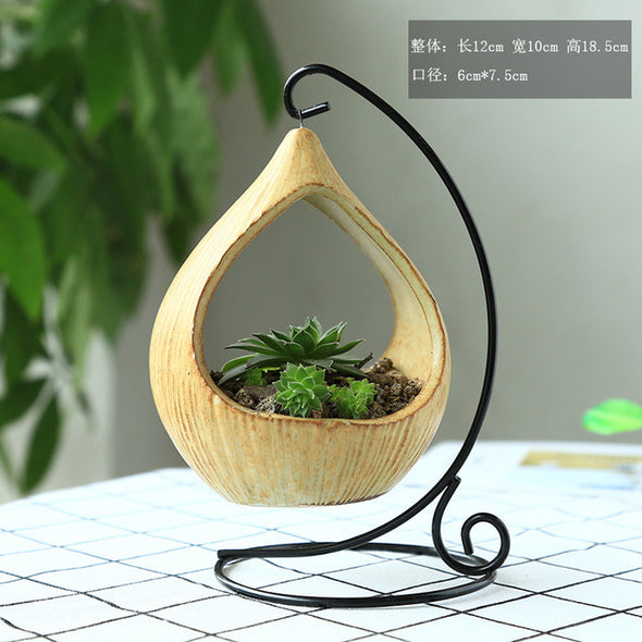 Hanging Wooden Air With Metal Stand Plant Vase - thedecorcare
