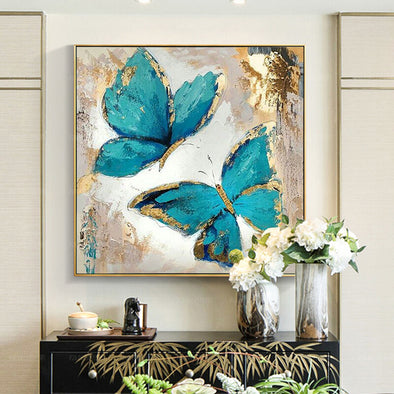 100% Hand Painted Abstract Modern Blue Butterfly Art Oil Painting - thedecorcare