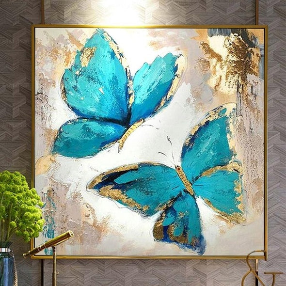 100% Hand Painted Abstract Modern Blue Butterfly Art Oil Painting - thedecorcare